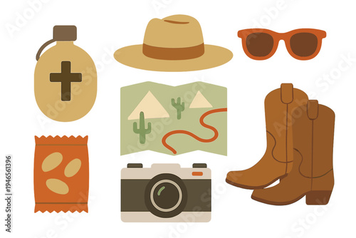 Outdoor adventure essentials for a desert hiking trip in the afternoon sun with a focus on exploration