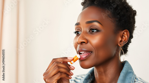 African American woman applying lip balm