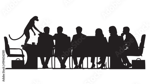 Monkey interrupting a business meeting by standing on the table and reaching for documents from a surprised executive