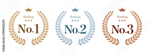 ランキングNo.1・No.2・No.3月桂樹エンブレムセット（表彰バッジ・実績アピール・ランキングロゴ）ビジネスベクター素材