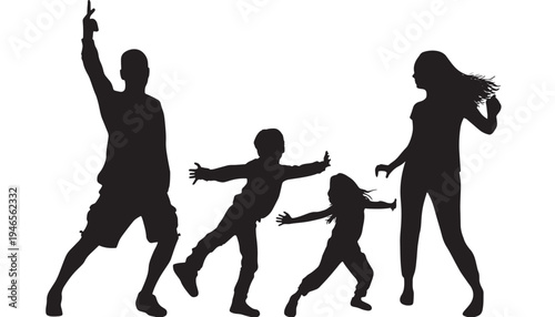 Family silhouettes of dancing people with dynamic poses and energetic movements, black on white background.