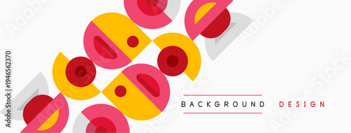 Abstract geometric pattern. Circles, semicircles, lines create dynamic composition. Pink, yellow hues dominate neutral background. Modern design element.