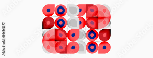 Abstract pattern features overlapping circles. Red, blue, white colors create dynamic visual texture. Simple geometric shapes dominate composition.