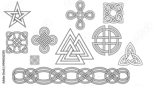 Celtic knot patterns collection featuring pentagram, Valknut, triquetra, and other ancient geometric designs with intricate interwoven lines.