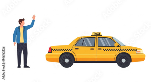 Man Hailing Yellow Taxi Cab.