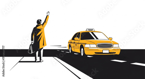 Man Hailing Yellow Taxi Cab.