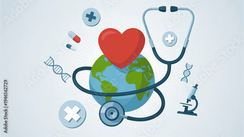 Vibrant healthcare awareness illustration with stethoscope wrapped around globe and red heart symbolizing medical care and wellness on a light blue background with various medical