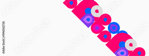 Abstract design features pink, blue squares. Geometric shapes repeat diagonally across white background. Minimalist composition.