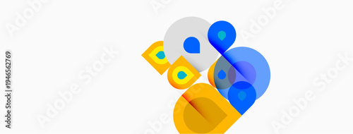 Abstract shapes overlap, creating vibrant composition. Yellow, blue, white hues dominate simple design. Modern aesthetic.