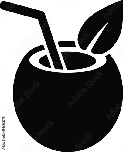 A sleek black and white illustration of a simple apple with a leafy stem.