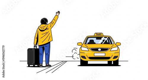 Man Hailing Yellow Taxi Cab.