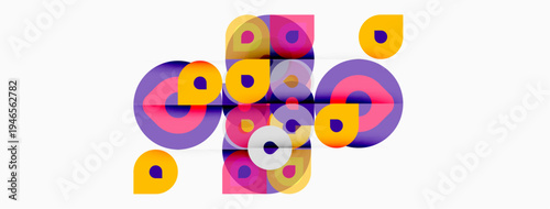 Abstract composition featuring overlapping circles, squares, vibrant purple, yellow hues. Modern design, clean aesthetic, geometric shapes dominate image.