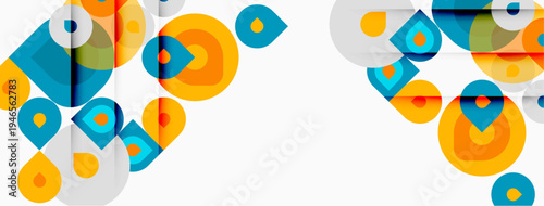 Abstract geometric shapes, circles, squares, vibrant colors. Modern design, clean lines, minimalist aesthetic. Background is white.