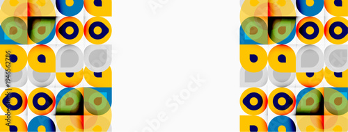 Retro pattern features colorful circles, squares, rectangles. Bright hues create playful, vibrant design. Simple geometry dominates composition.