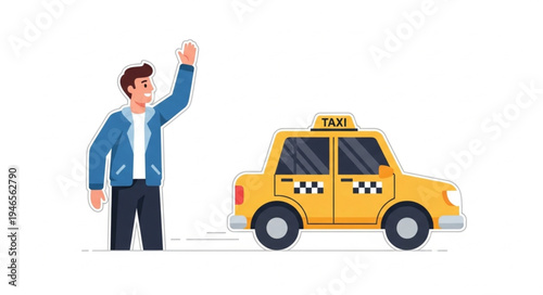 Man Hailing Yellow Taxi Cab.