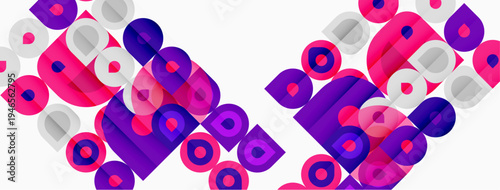 Abstract geometric pattern. Circles, squares overlap creating vibrant visual texture. Pink, purple hues dominate design.
