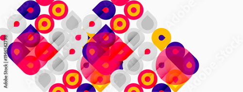 Abstract colorful circles, squares overlap. Bright pink, purple, yellow hues dominate white background. Modern geometric pattern.