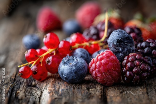 Beerenmix aus Heidelbeeren, Himbeeren, Erdbeeren, Brombeeren und Johannisbeeren auf Holz