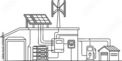 Line art vector of smart home renewable energy system and EV charger