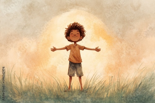 Belonging and grace: gentle illustration of a child standing with open arms in soft light