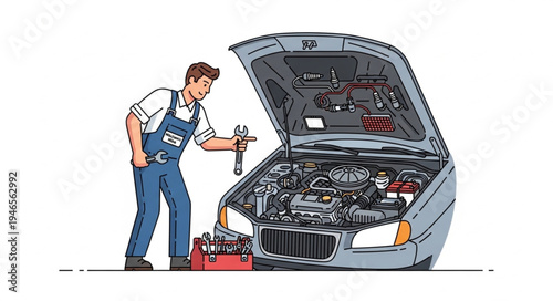 Mechanic Working on Car Engine.