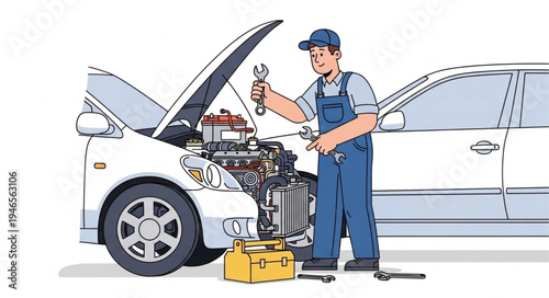Mechanic Working on Car Engine.