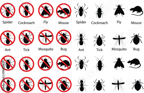 Pest control vector set collection group with insect rodent prohibition icons, bug mosquito rat cockroach symbol, no pest sign silhouette outline isolated design on transparent background.