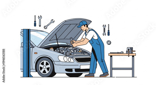 Mechanic Working on Car Engine.