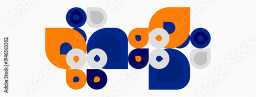 Abstract geometric shapes, orange, navy, gray. Circles overlap creating dynamic composition. Minimalist design, modern aesthetic.