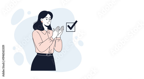 Woman clapping with a checkmark in a box, symbolizing success and approval