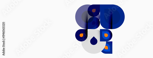 Abstract shapes, blue tones, white background. Composition suggests playful design, modern aesthetic. Minimalist style, geometric forms present.