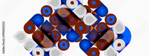 Abstract geometric pattern. Squares, circles overlap creating complex visual texture. Colors include blue, brown, white.