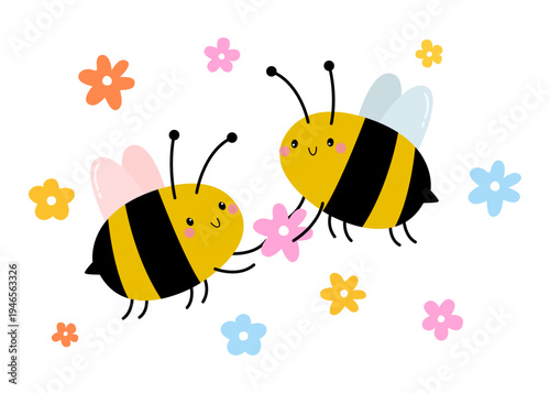 Cute couple of bees insects with colorful flowers. Spring honey bee in the middle of the flowerbed on white background. Flat vector illustration.