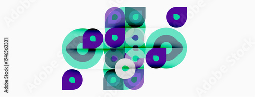 Abstract geometric shapes, purple, turquoise hues. Overlapping circles, squares create dynamic composition. Modern design, clean aesthetic.