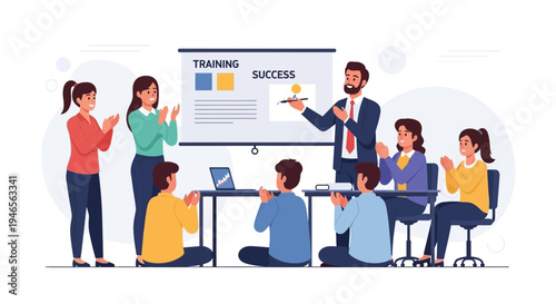 Business training success meeting, audience applauding speaker presenting charts on whiteboard
