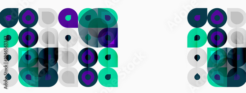 Abstract geometric pattern. Circles, squares, rectangles overlap creating vibrant visual texture. Teal, purple, gray dominate composition.