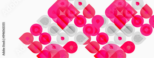 Abstract pattern features overlapping pink, gray circles. Minimalist design creates dynamic visual texture. Simple shapes repeat across white background.