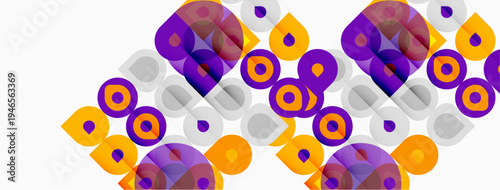 Abstract geometric pattern. Circles, squares, overlapping shapes create vibrant visual texture. Purple, orange, gray dominate composition.