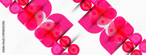 Pink cylinders form repeating pattern. Shapes overlap creating visual texture. Bright colors dominate composition. Simple geometric design.