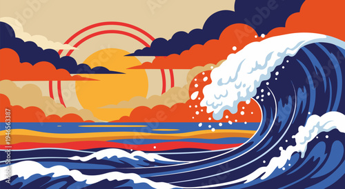 Vibrant Sunset Over Majestic Ocean Waves A Stylized Vector Illustration with Warm Hues and Dynamic Motion
