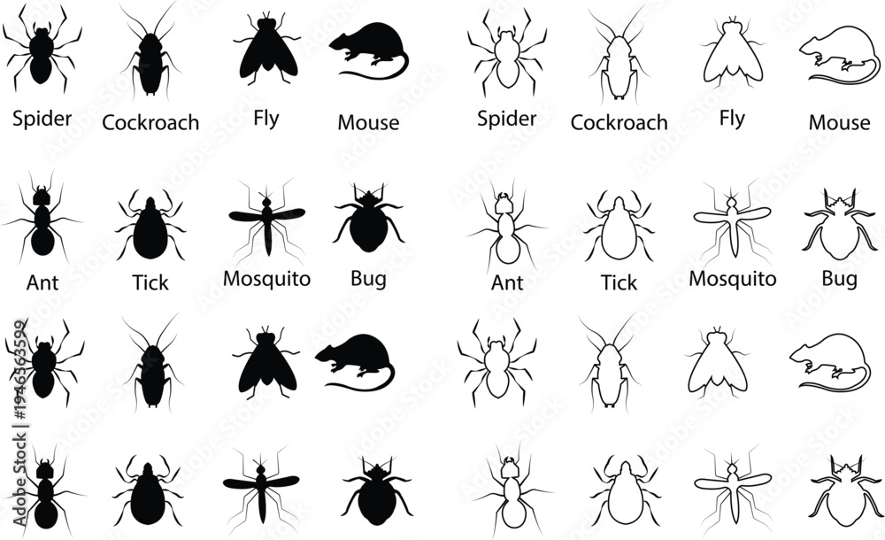 Fototapeta premium Pest insect vector set collection group with spider cockroach fly mosquito ant mouse bug tick icons, exterminator infestation symbol silhouette outline isolated editable design
