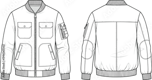 Bomber jacket technical sketch, front and back view, flap pockets, utility sleeve pocket, ribbed cuffs, collar, hem, garment design