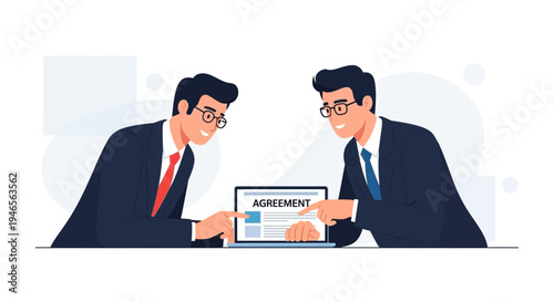 Two businessmen reviewing agreement on laptop screen, signing contract, business deal concept