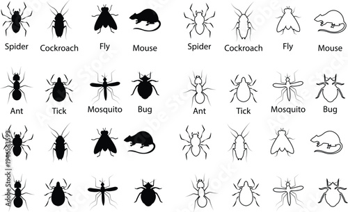 Pest insect vector set collection group with spider cockroach fly mosquito ant mouse bug tick icons, exterminator infestation symbol silhouette outline isolated editable design
