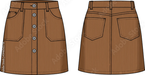 Brown A-line skirt flat sketch, women’s fashion technical drawing, front and back view, button-down closure, pinstripe design, garment construction illustration
