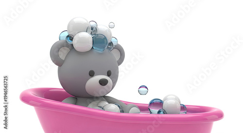 Cute grey teddy bear having a bath with bubbles