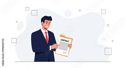 Businessman holding a contract document, pointing to agreement, business deal concept