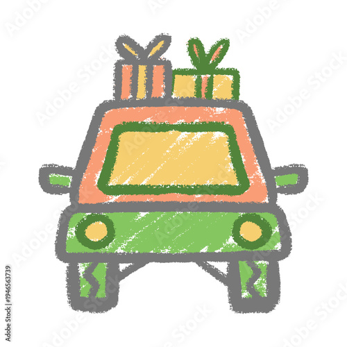 Crayon Hand Drawing of Car Carrying Gifts on Roof, Homecoming Concept
