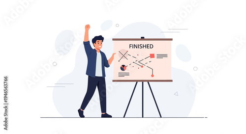 Man celebrating success with a 'FINISHED' presentation board, business achievement concept