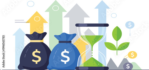 Financial Growth and Investment Concept Vector Illustration with Money Bags, Hourglass, Upward Arrows, Plant and Coins Representing Savings, Profit and Long Term Wealth Growth